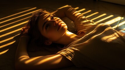 Poster - A serene portrait of a person lying on the floor, illuminated by soft, patterned light.