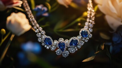 Wall Mural - A luxurious necklace adorned with blue gemstones and diamonds, set against floral decor.