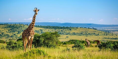 Wall Mural - A giraffe stands in front of a tree in a grassy plain.