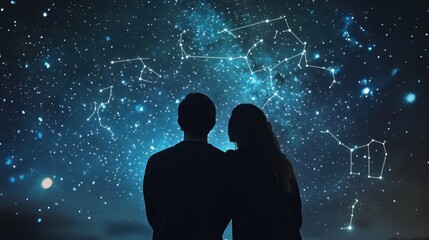 Wall Mural - Starry Night Sky with Silhouetted Couple Gazing at the Stars