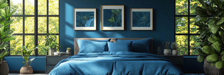 Canvas Print - A modern bedroom with a blue bed and large windows.