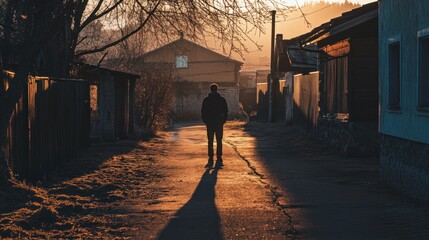 Wall Mural - A solitary figure walks down a quiet, sunlit street at dusk, casting a long shadow.