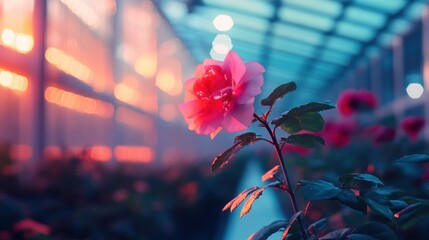 Poster - A vibrant rose blooms in a greenhouse, illuminated by soft, colorful lighting.