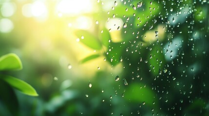 raindrops on glass with green blurry background and sun glare