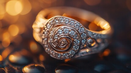 Wall Mural - A close-up of an ornate silver ring with a spiral design and sparkling gems.