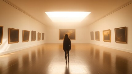 Wall Mural - A solitary figure stands in an art gallery, illuminated by natural light, surrounded by paintings.