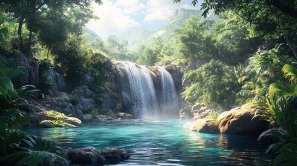 Wall Mural - A gentle waterfall cascades into clear turquoise water surrounded by lush greenery in a peaceful oasis under a bright sky