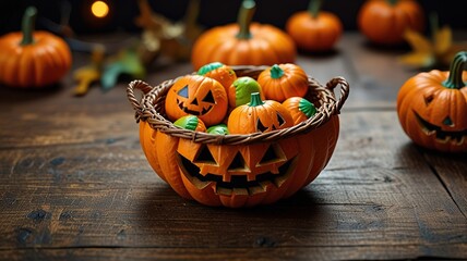 Pumpkin basket on old wood table, Halloween party concept