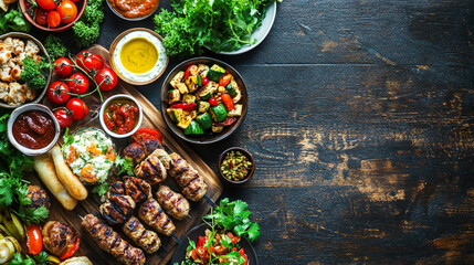 Summertime Feast: Grilled Delights and Fresh Salads on a Rustic Wooden Table. A vibrant spread of grilled meats, fresh vegetables, and various sauces presented beautifully on a rustic wooden surface.