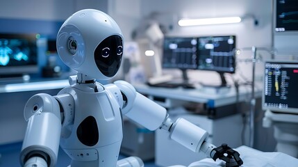 Medical robot in a hospital room, ready to assist with patient care. It represents the future of healthcare.