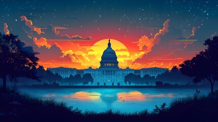 Dramatic Sunset Over the Illuminated US Capitol Building Reflecting in a Serene Lake