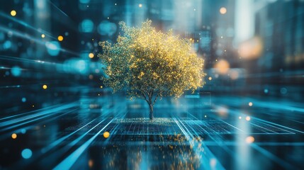 Canvas Print - A glowing tree amidst a digital landscape, symbolizing nature and technology integration.