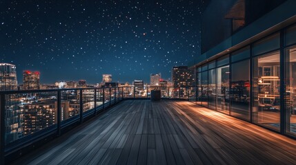 Wall Mural - A serene night view from a modern balcony overlooking a city skyline filled with stars.