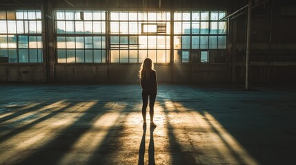 Poster - A silhouette of a person standing in a sunlit industrial space, creating a contemplative mood.