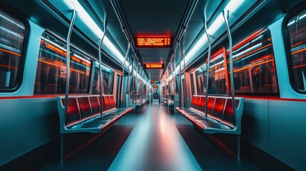 Canvas Print - A modern, empty subway train interior with illuminated signage and vibrant lighting.