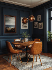 Poster - Modern dining room with blue walls and brown leather chairs.