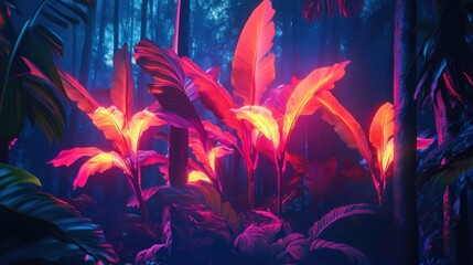 Poster - A vibrant, neon-lit jungle scene showcasing colorful tropical foliage.