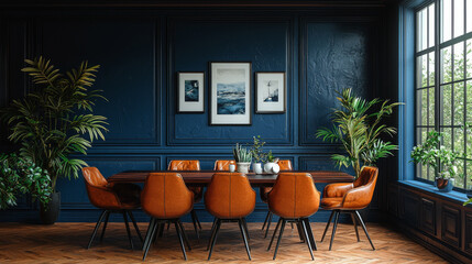 Canvas Print - A modern dining room with blue walls and brown leather chairs.