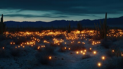 Wall Mural - A serene desert landscape illuminated by glowing orbs at dusk.