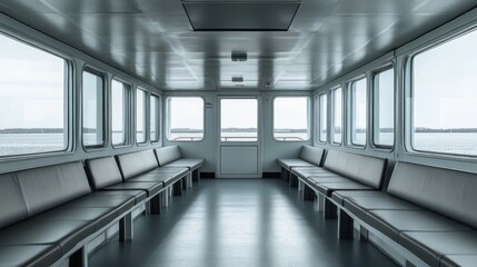 Wall Mural - A spacious, minimalistic interior of a ferry with benches and large windows overlooking water.