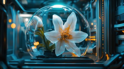 Wall Mural - A futuristic flower encased in a glass dome, highlighting beauty and technology.