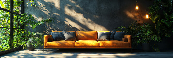 Wall Mural - A modern living room with a mustard yellow couch and potted plants.