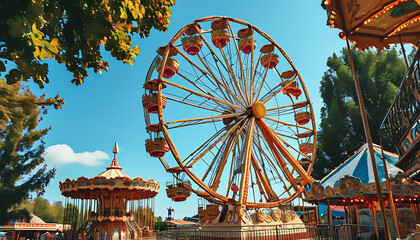 Wall Mural - Amusement park delight with ferris wheel and carousel