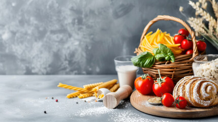 Wall Mural - Rustic arrangement of Italian ingredients including pasta, tomatoes, basil, and bread on a wooden table, ideal for culinary themes.