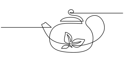 Poster - Teapot in continuous line art drawing style. Herbal tea black linear design isolated on white background. Vector illustration, Continuous line drawing of a teapot, tea cup and lemon with pastel color