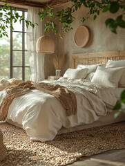 Poster - A cozy bedroom with a woven headboard and a soft, white bed.