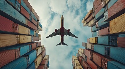 Airplane Flying Over Stacked Cargo Containers