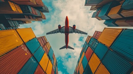 Wall Mural - Airplane Flying Over Stacked Shipping Containers