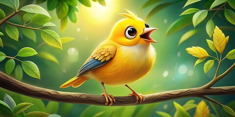 cute yellow bird with big eyes and a triangular beak on a tree branch, singing happily.