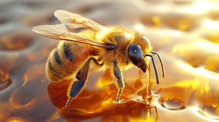 A photorealistic bee sitting on top of honey, with its legs dangling in the liquid and dripping down. The scene captures the moment when it sips from one spot or another of the flowing, amber-colored 