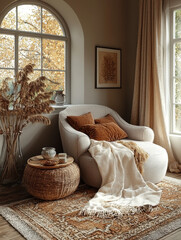 Canvas Print - Cozy armchair with throw blanket near window