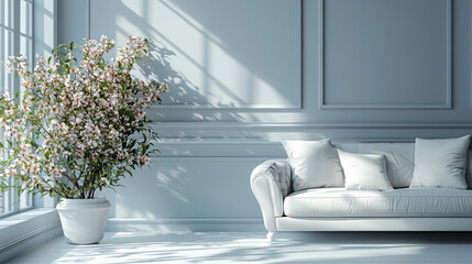 Poster - A white couch with pillows sits in a sunlit room with a potted plant.