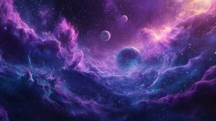 Wall Mural - a cosmic landscape with purple nebulae and planets