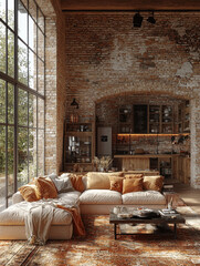 Canvas Print - Cozy living room with exposed brick walls and a large sectional sofa.