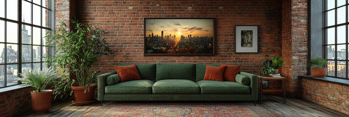 Poster - Green velvet sofa in a loft with exposed brick walls, a city view, and plants.