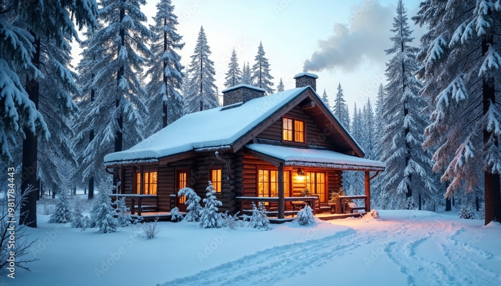 Cozy cabin in snowy forest with lights on in windows, warm inviting ...