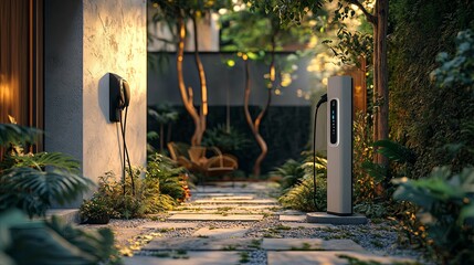 Electric Vehicle Charging Station in a Lush Garden