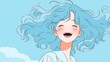 © JH - A cute girl with light blue hair laughing heartily in the sky, wearing an oversized shirt with blonde curls. The bright blue background enhances her joyful expression and carefree demeanor