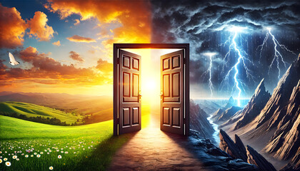 Wall Mural - Surreal Landscape with Door Between Two Worlds