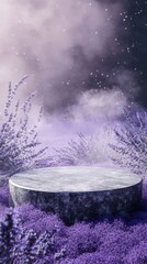 A round podium in the center of an snowy garden with lavender flowers, surrounded by smoke and mist, creating a dreamy atmosphere. The background is purple, creating a mysterious ambiance