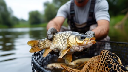 Spring fishing adventure: capturing the common carp by the riverside for nature enthusiasts and anglers