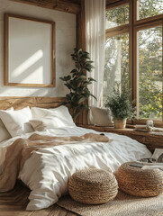 Poster - A cozy bedroom with a large window, wooden floors, and a bed with white linen sheets.