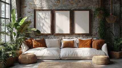 Wall Mural - Cozy living room with a white sofa,  plants, and three blank frames.