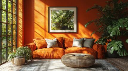 Canvas Print - Orange sofa and a wicker coffee table in a living room with plants.