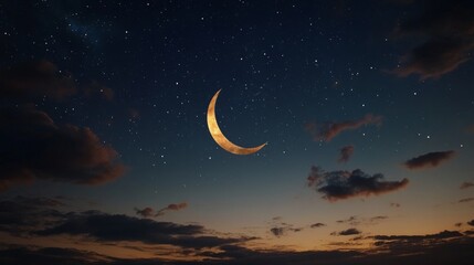 19. A peaceful night sky adorned with a crescent moon and shimmering stars, perfect for a Ramadan greeting card, capturing the essence of the holy month