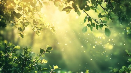 Wall Mural - 31. A lush summer forest bathed in morning sunlight, with sun rays piercing through the fresh green foliage and branches, leaves gently waving in the wind, creating a beautiful bokeh background